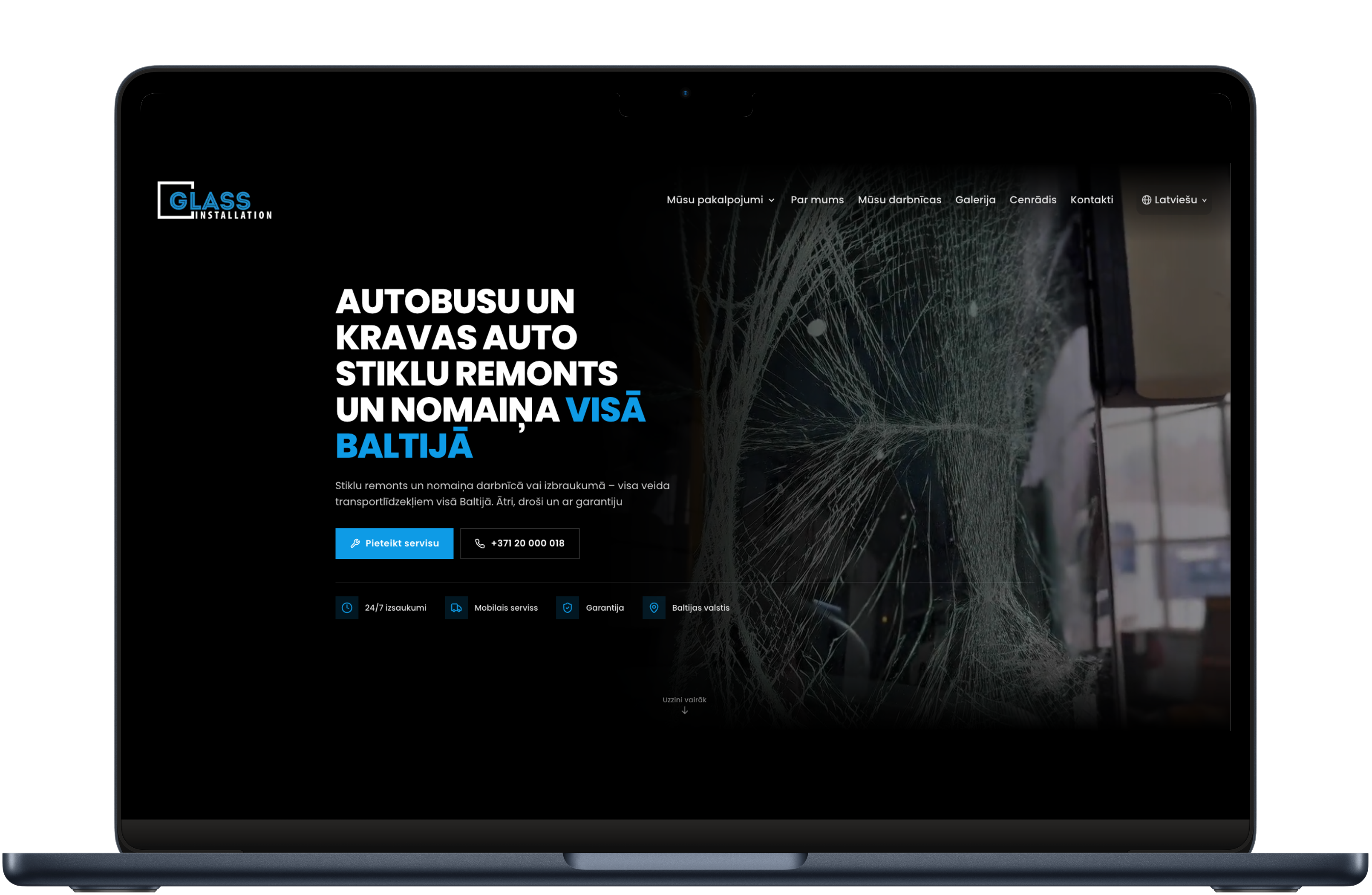 Glass Installation website shown on a laptop