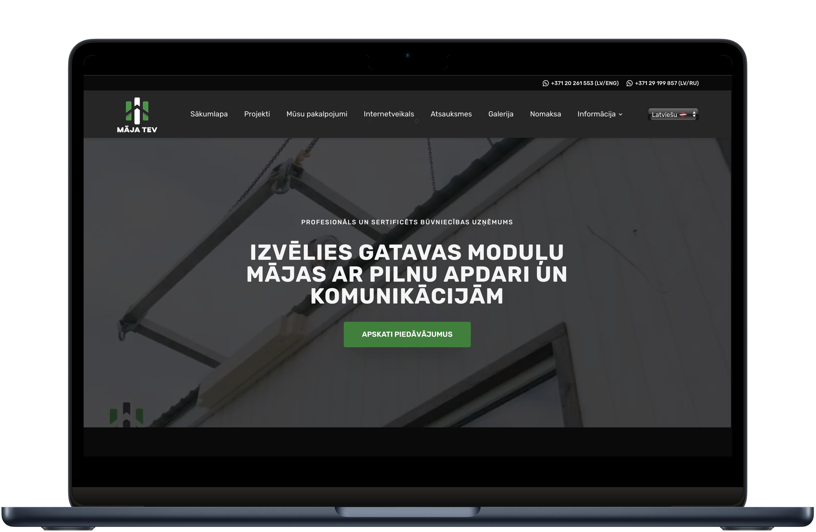 Māja Tev website shown on a laptop